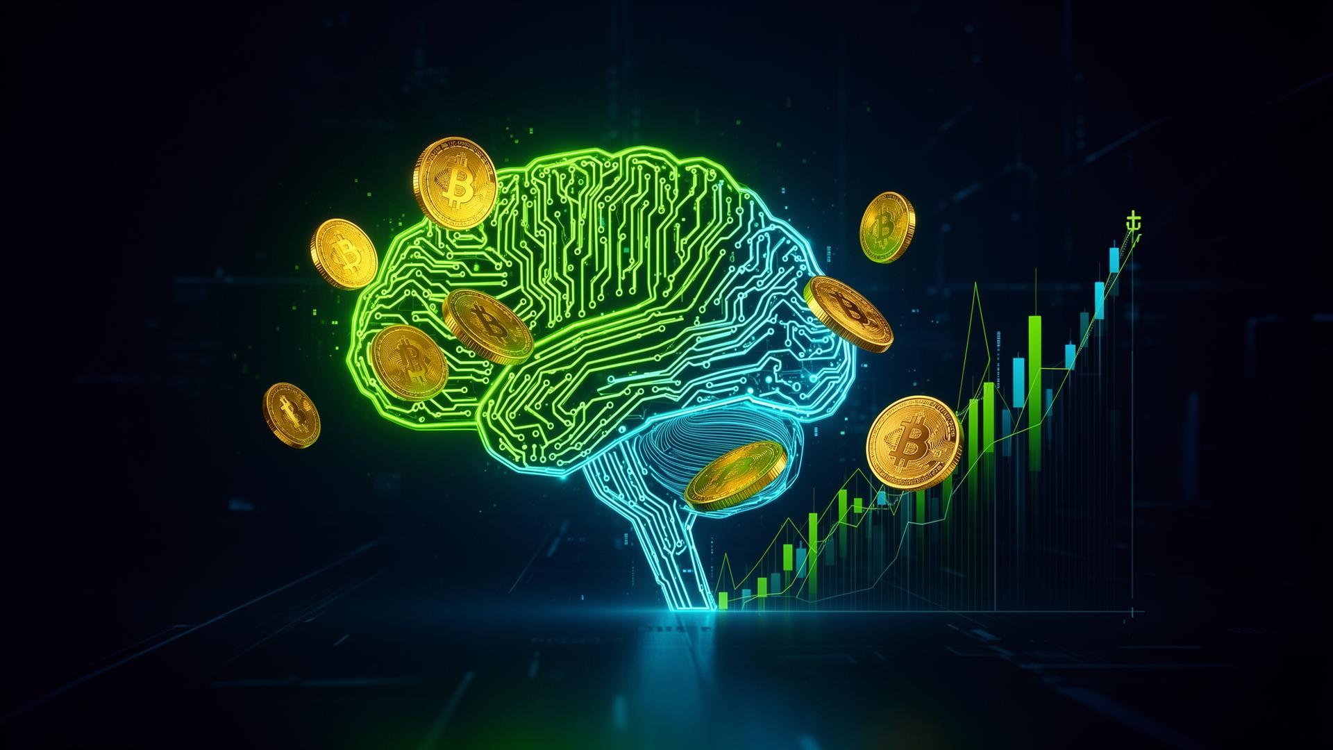 Cerveau circuit imprimé fusionnant avec pièces de monnaie et graphique boursier — illustration IA et profits