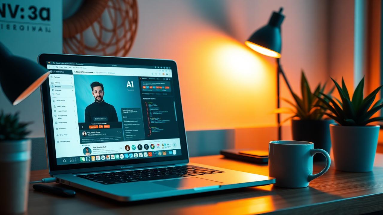 Freelance IA travaillant sur ordinateur avec assistant IA et dashboards