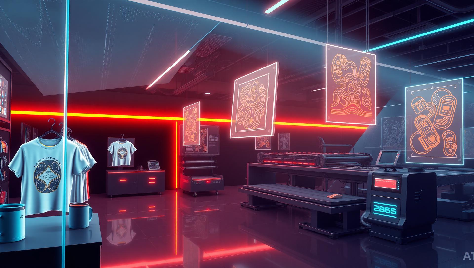 Boutique futuriste de Print on Demand en 2026 avec t-shirts et posters générés par IA — illustration éditoriale IA & Profits